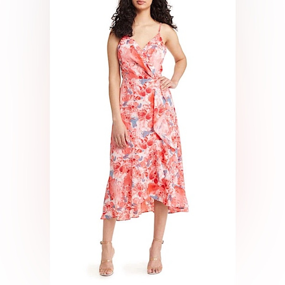 Chelsea28 Faux Wrap Floral Midi Dress Pink Multi Size XS